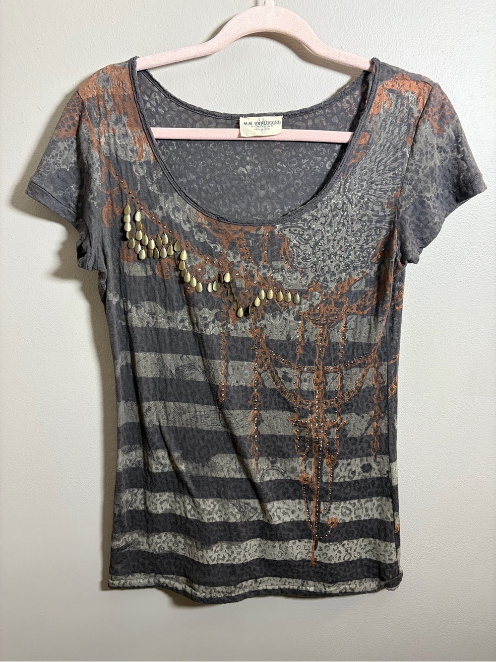 MM Unplugged by Miss Me T-Shirt rhinestones striped